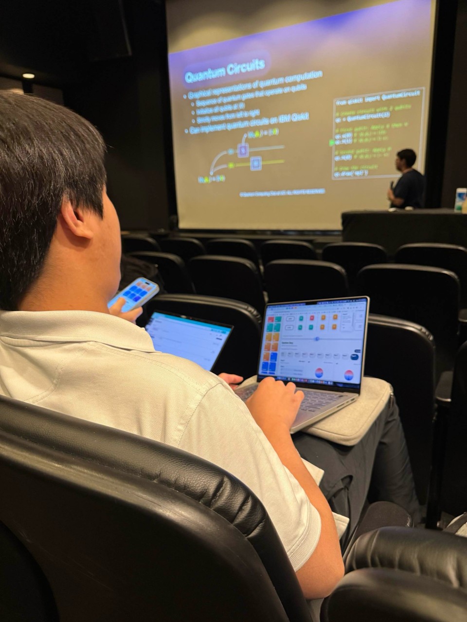 A student following the Fairmont Preparatory Academy quantum computing workshop from a tablet